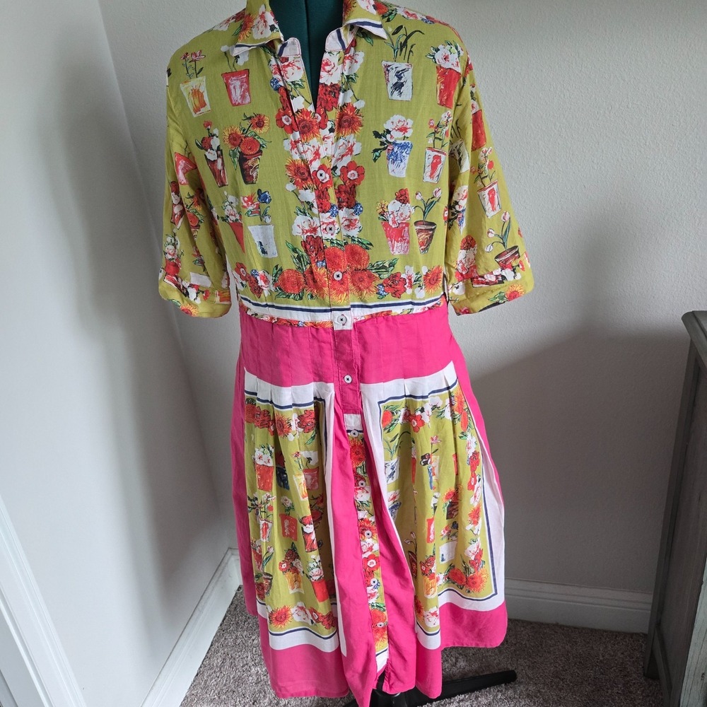 Dizzy Lizzie Dress Womens Large Pink Green Floral Colorblock Fit Flare Pockets